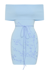Mallory Off Shoulder Embroidered Knit Mini Dress - Ice Blue